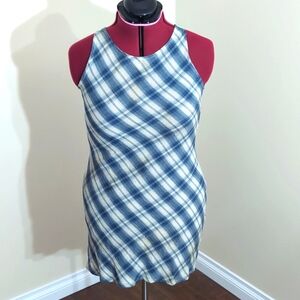 Jones| Blue Plaid Art Distressed Yellow Dress Lightweight Acetate Rayon Blend